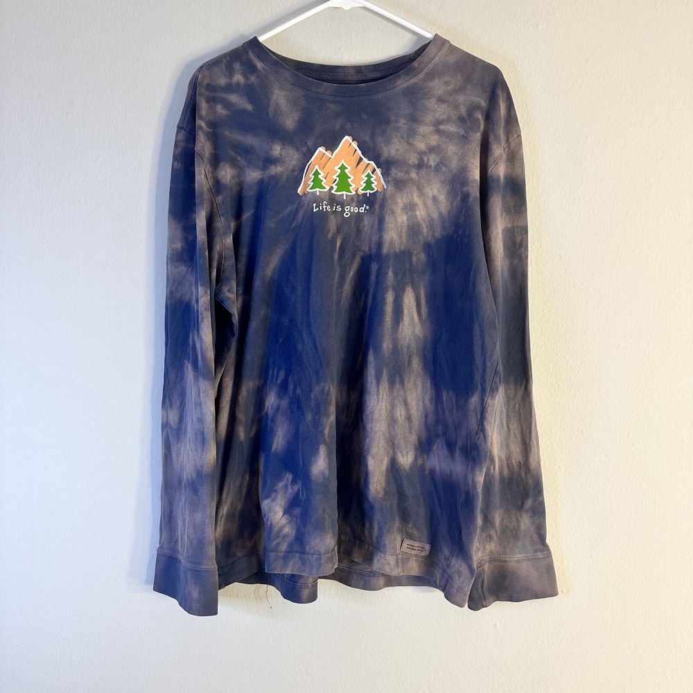 Life is Good Blue Tie Dye Mountain Graphic Long Sleeve Tee Shirt Mens Large